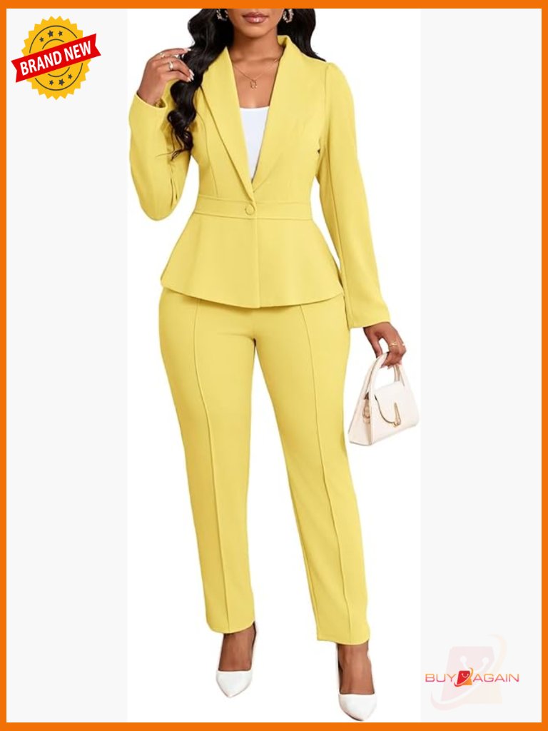 Pantsuit Set With Peplum Blazer And Elastic Waist Pants